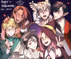  3boys 3girls alien_stage anger_vein animal_ears black_eyes brown_hair commentary_request english_commentary fake_pointy_ears green_eyes green_shirt grey_eyes halloween halloween_costume happy_halloween hat heart highres holding holding_knife hyuna_(alien_stage) ivan_(alien_stage) k_unow knife korean_commentary long_hair luka_(alien_stage) mask mixed-language_commentary mizi_(alien_stage) mouth_mask multiple_boys multiple_girls night one_eye_closed red_pupils see-through_clothes see-through_veil shirt short_hair signature stitched_face stitches sua_(alien_stage) surgical_mask thick_eyebrows till_(alien_stage) twitter_username vampire veil very_short_hair violet_eyes white_shirt witch_hat wolf_ears yellow_eyes 