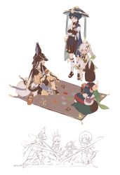  1girl 3boys :> absurdres animal_ear_hood animal_ears anklet armlet asymmetrical_sidelocks belt black_bodysuit black_bow black_bridal_gauntlets black_eyes black_hair black_hood black_hoodie black_pants black_sandals black_shorts black_shrug bloomers blue_cape blue_hat blue_jingasa blue_kimono blue_rope blue_sash blue_sleeves blunt_ends bodysuit bow braid bridal_gauntlets cape cape_grab card card_holster carpet choppy_bangs closed_mouth clothes_grab colored_tips commentary cross-shaped_pupils crossed_arms cyno_(genshin_impact) dark-skinned_male dark_skin detached_sleeves dice dress earrings english_commentary eyeliner facing_another feathers fox_ears fox_tail fringe_trim full_body furisode furrowed_brow genius_invokation_tcg genshin_impact gold gold_anklet gold_armlet gold_belt gold_earrings gold_trim green_cape green_eyes green_hair green_sleeves green_tail hair_between_eyes hair_ornament hakama hakama_shorts half_crown_braid halo halo_behind_head hand_on_own_arm hat heart heart_hair_ornament highres holding holding_card hood hoodie indian_style jackal_ears japanese_clothes jewelry jingasa juban kimono layered_sleeves leaf leaf_hair_ornament leg_warmers long_hair looking_at_another makeup mandarin_collar multicolored_hair multiple_boys nahida_(genshin_impact) okobo on_one_knee open_clothes open_kimono pants platform_sandals pleated_shorts pointing pointing_at_object pointy_ears pom_pom_(clothes) popiahpot red_eyeliner red_trim rope royal_ease sandals sash scaramouche_(genshin_impact) sequential shaded_face short_sleeves shorts shrug_(clothing) side_cape side_ponytail sidelocks sitting smile socks standing stirrup_legwear streaked_hair sweatdrop symbol-shaped_pupils tail tassel tighnari_(genshin_impact) toeless_legwear toeless_socks toes tunic usekh_collar wanderer_(genshin_impact) white_bloomers white_dress white_hair white_kimono white_leg_warmers white_sleeves white_socks white_tunic yellow_feathers yellow_pupils 