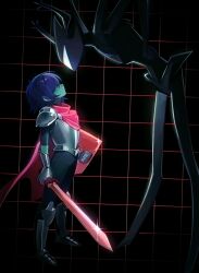  2others absurdres androgynous antlers armor black_background black_bodysuit blue_hair blue_skin bodysuit cape colored_skin deer_antlers deltarune dragon_ball erinartista frieza gauntlets hands_on_own_hips highres holding holding_shield holding_weapon horns kris_(dark_world)_(deltarune) kris_(deltarune) multiple_others other_focus pink_cape roaring_knight scene_reference shield short_hair simple_background son_goku utdr_(toby_fox) visor_(armor) weapon 
