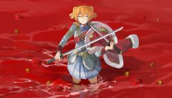  1girl absurdres aiguillette belt belt_buckle blonde_hair blue_skirt buckle chinese_commentary closed_eyes closed_mouth commentary_request cowboy_shot crossed_swords daiba_nana dual_wielding epaulettes facing_viewer food food_on_clothes food_on_face fur-trimmed_jacket fur_trim glint green_ribbon hair_between_eyes hair_ribbon hands_up highres holding holding_sword holding_weapon jacket jacket_on_shoulders katana light_smile long_sleeves miniskirt pleated_skirt qngtidey132830 red_jacket red_ocean red_sash ribbon sash short_hair short_twintails shoujo_kageki_revue_starlight shoulder_sash single_horizontal_stripe skirt solo standing sword tomato twintails wading weapon white_jacket yellow_belt 