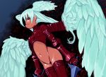  apon blue_hair blush boots dual_wielding female final_fantasy final_fantasy_tactics head_wings headwings long_hair midriff red_eyes silver_hair solo sword thigh-highs thigh_boots thighhighs ultima_(fft) weapon wings 