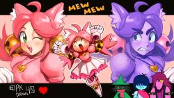  1boy 1other 3girls :d ahoge animal_ear_fluff animal_ears antenna_hair aqua_skin armlet arms_up bell black_border blue_hair blush_stickers boots border breasts cat_ears cat_girl clenched_teeth colored_skin commentary deltarune dress dual_persona english_commentary fang fang_out floating frilled_skirt frills full_body ghost_pink_(deltarune) gloves gold_bell green_eyes green_hat hair_bell hair_ornament hair_over_eyes hands_up hat heart heart_ahoge heart_locket heart_tail_duo highres holding_hands jewelry kris_(dark_world)_(deltarune) kris_(deltarune) layered_skirt layered_sleeves locket long_hair long_sleeves looking_at_viewer mad_mew_mew magical_girl multiple_girls multiple_views one_eye_closed open_mouth outline outside_border pantyhose pendant pink_dress pink_frills pink_hair pink_pantyhose pk_draws_40 puffy_short_sleeves puffy_sleeves purple_dress purple_hair purple_skin ralsei ralsei_(hat) red_scarf red_soul_(utdr) scarf shaded_face short_over_long_sleeves short_sleeves skirt smile soul_(utdr) spiked_armlet susie_(dark_world)_(deltarune) susie_(deltarune) swept_bangs tail teeth thick_eyebrows tutu twitter_username upper_body utdr_(toby_fox) v-shaped_eyebrows violet_eyes white_boots white_gloves white_outline white_skirt 