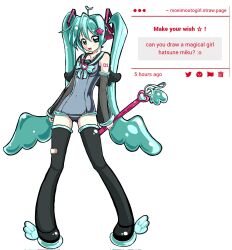  1girl ahoge alternate_costume aqua_bow aqua_bowtie aqua_eyes aqua_trim bandaid bandaid_on_leg black_boots boots bow bowtie covered_navel detached_sleeves english_commentary fan_request hair_ornament hair_wings hatsune_miku highres holding holding_wand imoutomagical magical_girl number_tattoo simple_background solo star_(symbol) star_hair_ornament tattoo vocaloid wand white_background winged_shoes 