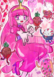  1girl 6+others absurdres adventure_time animification barefoot blush colored_skin commentary_request crown dress earrings highres jewelry long_hair multiple_others pink_eyes pink_hair pink_skin prince princess princess_bonnibel_bubblegum rakugaki_shitagari-ya smile tiara very_long_hair 