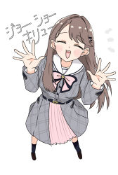 1girl :d ^_^ absurdres black_socks bow bowtie brown_shoes closed_eyes dress facing_viewer fujishima_megumi full_body grey_dress hair_ornament hairclip highres josho_kiryu_(love_live!) kanzaki_gou loafers love_live! love_live!_hasu_no_sora_jogakuin_school_idol_club medium_dress notice_lines open_hands open_mouth parallel_hairclips pink_bow pink_bowtie plaid_clothes plaid_dress pleated_dress sailor_collar sailor_dress shoes simple_background smile socks solo song_name standing virtual_youtuber white_background white_sailor_collar 
