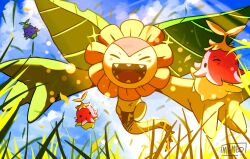  absurdres closed_eyes clouds cloudy_sky digimon digimon_(creature) evolutionary_line floating flower flower_head flying flying_grass grass green_wings highres lalamon leaf leaf_wings light_rays mameo_(sora_officiel) no_humans open_mouth outdoors outstretched_arms petals plant_monster sharp_teeth signature sky smile solid_circle_eyes spread_arms sunbeam sunflower sunflowmon sunlight tail teeth wings 