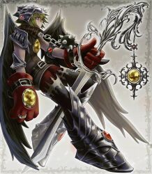  1girl angel_wings armor ball_and_chain_(weapon) blonde_hair chain chain_leash commentary d3dsignal feathered_wings gem gloves helmet highres holding holding_sword holding_weapon horns leaning_back leash leggings original pauldrons red_leggings sabaton short_hair shoulder_armor silver_ring spiked_ball_and_chain sword thigh-highs untranslatable_commentary weapon wings yellow_gem 