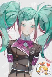  2girls :< aqua_eyes aqua_hair artist_name black_sleeves blazer blonde_hair bow bowtie buttons closed_mouth collared_shirt double-breasted gradient_hair grey_background hatsune_miku highres jacket kagamine_rin light_blush long_hair multicolored_hair multiple_girls paperclip pink_bow pink_bowtie pink_streaks pyampom shirt short_sleeves simple_background speech_bubble spoken_character streaked_hair twintails two-tone_hair upper_body vocaloid white_shirt 