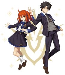  1boy 1girl ahoge black_hair black_jacket black_necktie black_pants black_skirt blue_eyes blue_ribbon brown_shoes collared_shirt command_spell cropped_jacket fate/grand_order fate_(series) fujimaru_ritsuka_(female) fujimaru_ritsuka_(male) full_body game_asset grey_sweater hair_between_eyes jacket loafers long_sleeves looking_at_viewer medium_hair neck_ribbon necktie official_art one_eye_closed one_side_up open_mouth orange_eyes orange_hair pants ribbon school_uniform second-party_source shirt shoes short_hair skirt smile socks standing standing_on_one_leg sweater tachi-e takeuchi_takashi transparent_background white_shirt white_socks 