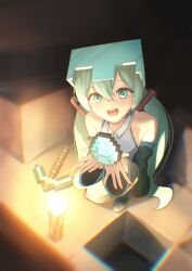  1girl :d absurdres bare_shoulders black_sleeves blue_eyes blush collared_shirt commentary_request detached_sleeves diamond_(minecraft) diamond_armor double-parted_bangs full_body green_hair grey_shirt hair_between_eyes hatsune_miku helmet highres holding korean_commentary long_hair long_sleeves minecraft minecraft_pickaxe open_mouth orimelon pickaxe shirt sleeveless sleeveless_shirt smile solo twintails vocaloid 