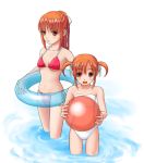  ball beachball bikini flat_chest innertube isozaki_bebebe loli long_hair multiple_girls orange_eyes orange_hair original ponytail submerged swimsuit twintails wading 