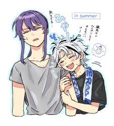  2boys :3 :d akatsuki_(ensemble_stars!) arm_hug black_shirt black_streaks blue_outline closed_eyes collarbone commentary cropped_torso curtained_hair ensemble_stars! furrowed_brow grey_shirt hair_between_eyes hair_intakes highres kanzaki_souma leaning_on_person long_hair male_focus motion_lines multicolored_hair multiple_boys outline parted_bangs ponhone_pon ponytail purple_hair raised_inner_eyebrows shaded_face shirt short_hair sidelocks simple_background smile snowman speech_bubble streaked_hair summer sweat teeth towel towel_around_neck untranslatable_commentary upper_teeth_only white_background white_hair wince 