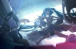  1girl 1other absurdres aqua_eyes aqua_hair aqua_skirt blush bow breasts commentary_request detached_sleeves dress hair_between_eyes hair_bow hair_ornament hatsune_miku highres hiramado_miku kowareta_sekai_to_utaenai_miku long_hair long_sleeves looking_at_another medium_breasts official_alternate_costume parted_lips pochigoro_(adfx3783) project_sekai shoes skirt sleeveless sleeveless_dress smile spoilers teeth vocaloid white_shoes x_hair_ornament 