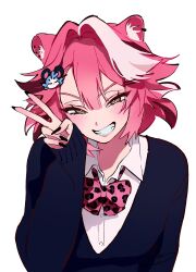  1girl absurdres animal_ears animal_print black_nails blue_cardigan blush bow bowtie cardigan character_hair_ornament chattino_(raora_panthera) collared_shirt commentary english_commentary fingernails grin hair_intakes hair_ornament hairclip highres hololive hololive_english leopard_print leopard_print_bow long_hair long_sleeves looking_at_viewer multicolored_hair nail_polish onlyhakua panther_ears panther_girl pink_bow pink_bowtie pink_hair raora_panthera shirt smile solo streaked_hair teeth virtual_youtuber white_shirt yellow_eyes 