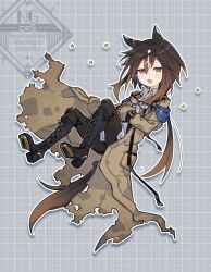  1girl animal_ears asymmetrical_shirt black_boots black_gloves black_hair black_pants blush boots brown_eyes brown_hair coat ear_covers gb_cestus gloves goggles goggles_around_neck hair_between_eyes highres horse_ears horse_girl horse_tail long_hair multicolored_hair open_mouth pants shirt smile solo stay_gold_(sunlit_outsider)_(umamusume) stay_gold_(umamusume) tail torn_clothes torn_coat umamusume white_hair white_shirt wrist_belt yellow_coat 