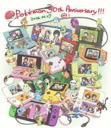  6+boys 6+girls akari_(pokemon) anniversary artist_name baby_animal baseball_cap beanie bird bow brendan_(pokemon) brown_hair bulbasaur cable calem_(pokemon) cat charmander chase_(pokemon) chespin chick chikorita chimchar crocodile crocodilian cyndaquil duck eevee elaine_(pokemon) elio_(pokemon) ethan_(pokemon) fennec_fox fennekin florian_(pokemon) froakie frog fuecoco game_boy game_boy_advance game_boy_color gecko gloria_(pokemon) great_ball grookey handheld_game_console harmony_(pokemon) hat highres hikari_(pokemon) hilbert_(pokemon) hilda_(pokemon) juliana_(pokemon) kitten kris_(pokemon) leaf_(pokemon) litten lizard lucas_(pokemon) lyra_(pokemon) master_ball may_(pokemon) monkey mudkip multiple_boys multiple_girls nate_(pokemon) nintendo_3ds nintendo_ds nintendo_ds_lite nintendo_switch nintendo_switch_2 oshawott otter owl paxton_(pokemon) penguin photo_(object) pig pikachu piplup poke_ball pokemon pokemon:_let's_go_pikachu!_and_let's_go_eevee! pokemon_(creature) pokemon_diamond/pearl/platinum pokemon_firered_and_leafgreen pokemon_gold/silver/crystal pokemon_heartgold_and_soulsilver pokemon_legends:_arceus pokemon_legends:_z-a pokemon_omega_ruby_and_alpha_sapphire pokemon_ruby/sapphire/emerald pokemon_scarlet_and_violet pokemon_sun_and_moon pokemon_sword_and_shield pokemon_ultra_sun_and_ultra_moon pokemon_x_and_y popplio quaxly rabbit red_(pokemon) red_bow rei_(pokemon) rosa_(pokemon) rowlet salamander scorbunny sea_lion selene_(pokemon) serena_(pokemon) snivy sobble sprigatito squirtle starter_pokemon_trio tepig torchic totodile treecko trilby turtle turtwig ultra_ball victor_(pokemon) 