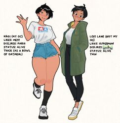  2girls :d \||/ black_eyes black_hair black_pants black_socks blue_shorts blush breasts celebelian coat commentary comparison cowlick cutoffs dark-skinned_female dark_skin dc_comics denim denim_shorts drawstring earrings english_commentary english_text green_coat hands_in_pockets head_tilt heel_up high-waist_pants high-waist_shorts highres jewelry kneehighs large_breasts lois_lane long_coat long_sleeves looking_at_viewer medium_breasts multiple_girls my_adventures_with_superman nagi_(celebelian) nose_blush original pants paper_texture parted_lips pointing_out_the_details print_shirt shirt shoes short_hair short_sleeves shorts side-by-side simple_background smile sneakers socks standing stud_earrings superman_(series) swept_bangs t-shirt tamiya_incorporated teeth tomboy trait_connection two-sided_fabric upper_teeth_only very_short_hair waving white_background white_shirt white_shoes wide_hips yellow_trim 