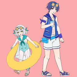  1boy 1girl alternate_hairstyle ankle_scrunchie aqua_one-piece_swimsuit aqua_sailor_collar armpit_crease arms_at_sides asymmetrical_sidelocks blue-framed_eyewear blue_jacket blue_sailor_collar blue_sandals blunt_ends bright_pupils caramelo_game clenched_hands collarbone commentary_request cross-shaped_pupils cup double_bun dress dress_swimsuit eyeliner eyewear_on_head feathers flower footwear_flower full_body genshin_impact gladiator_sandals green-framed_eyewear green_eyes green_flower green_pupils hair_between_eyes hair_bun hair_intakes hand_up height_difference highleg highleg_one-piece_swimsuit highres holding holding_cup jacket looking_at_viewer makeup nahida_(genshin_impact) navel one-piece_swimsuit open_clothes open_hand open_jacket open_mouth orange-tinted_eyewear pink_background pointy_ears pom_pom_(clothes) pouch purple_hair red_eyeliner sailor_collar sandals scaramouche_(genshin_impact) scrunchie see-through_clothes see-through_one-piece_swimsuit short_hair shorts sidelocks sleeveless sleeveless_jacket standing swimsuit symbol-shaped_pupils teeth thigh_pouch tinted_eyewear toes upper_teeth_only violet_eyes wanderer_(genshin_impact) white_dress white_hair white_one-piece_swimsuit white_pupils white_sandals white_shorts white_swim_trunks white_trim wispy_bangs wrist_scrunchie yellow_feathers 