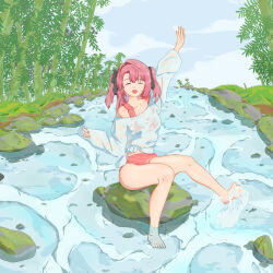  1girl absurdres bikini black_ribbon closed_eyes day hair_intakes hair_ribbon highres hldlizi kamiina_botan kamiina_botan_yoeru_sugata_wa_yuri_no_hana long_hair open_mouth outdoors pink_bikini pink_hair ribbon river shirt smile soaking_feet solo splashing swimsuit two_side_up water white_shirt 