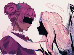  2girls angel angel_wings colored_skin commentary_request cookie_run cookie_run:_kingdom dark_skin double_bun dress eternal_sugar_cookie gloves hair_bun highres hollyberry_cookie humanization hyuni7777 instrument korean_commentary long_hair looking_at_another lyre multiple_girls pink_hair pink_skin puffy_sleeves short_sleeves very_long_hair white_dress wings 