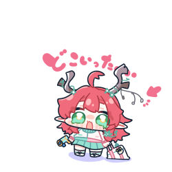  1girl ahoge antlers bag blush_stickers chibi chibi_only ciaccona_(wuthering_waves) commentary_request full_body green_eyes green_skirt highres holding holding_bag holding_water_gun horns jacket long_hair looking_at_viewer open_mouth pleated_skirt pointy_ears red_hair shoes simple_background skirt socks solo standing syurikenmaru translation_request water_gun white_background white_jacket wuthering_waves 