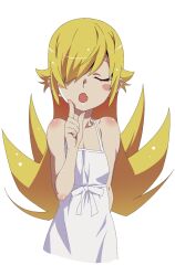  1girl bare_shoulders blonde_hair closed_eyes dress fang gesugesu_ahoaho highres long_hair monogatari_(series) open_mouth oshino_shinobu pointing pointing_up pointy_ears simple_background vampire very_long_hair white_dress 