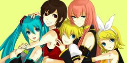  aqua_eyes aqua_hair bad_id blonde_hair brown_eyes brown_hair grin hair_ornament hair_ribbon hairclip hatsune_miku hug hug_from_behind kagamine_len kagamine_rin long_hair megurine_luka meiko multiple_girls nntn ribbon short_hair smile twintails vocaloid 