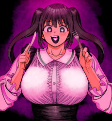  1girl :d arms_up black_hair blouse blunt_bangs blush breasts collared_shirt cover cover_page dress fork frilled_dress frilled_shirt frilled_sleeves frills heart heart-shaped_pupils heart_in_eye heart_in_mouth highres holding holding_fork holding_knife huge_breasts jirai_kei knife kokoro_miake large_breasts long_hair long_sleeves looking_at_viewer manga_cover monochrome_days naughty_face open_mouth pink_background pink_shirt shirt shounen_jump sidelocks skirt smile solo suspender_skirt suspenders symbol-shaped_pupils symbol_in_eye tall_female teeth twintails upper_body upper_teeth_only white_shirt youtike 
