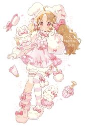  1girl absurdres ahoge asymmetrical_legwear bow brown_hair comb commentary_request dress dress_bow footwear_bow grid_background hair_bow hand_up highres long_hair original parted_bangs pink_bow pink_dress pink_thighhighs red_eyes saijo1201 shorts single_sock single_thighhigh sleeve_bow slippers socks striped_clothes striped_socks striped_thighhighs thigh-highs twintails uneven_legwear watermark white_background white_shorts white_slippers 
