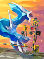  black_sclera claws colored_sclera commentary_request dialga diamond_(gemstone) fangs highres no_humans open_mouth pokemon pokemon_(creature) pokemon_focus railroad_crossing railroad_tracks red_eyes sake_maguro 