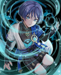  1boy absurdres anemo_symbol_(genshin_impact) aqua_eyes aqua_gem arm_at_side armor belt black_background black_belt black_bodysuit black_bow black_bridal_gauntlets black_hole black_shorts blue_cape blue_halo blue_kimono blue_sleeves blunt_ends body_markings bodysuit bow bridal_gauntlets cape choppy_bangs commentary_request covered_collarbone eyeliner feathers fingernails furisode gaota gem genshin_impact glowing_markings gold gold_ring hair_intakes hakama hakama_shorts halo halo_behind_head hand_up highres japanese_armor japanese_clothes juban kimono kote kurokote layered_sleeves looking_at_viewer makeup male_focus mandarin_collar middle_ring open_clothes open_hands open_kimono parted_lips pleated_shorts pom_pom_(clothes) purple_hair purple_rope purple_sash red_eyeliner rope sash scaramouche_(genshin_impact) short_sleeves shorts shoulder_peek side_cape smirk solo tassel tsurime upper_body vision_(genshin_impact) vortex wanderer_(genshin_impact) white_kimono white_mouth white_sleeves white_trim wind yellow_feathers 