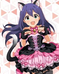  1girl :d ahoge animal_ears aqua_eyes bell black_dress black_gloves bow bowtie card_commentary cat_ears cat_tail commentary_request cowboy_shot detached_sleeves dress fake_animal_ears fake_tail fingerless_gloves game_asset gloves hands_up idolmaster idolmaster_million_live! idolmaster_million_live!_theater_days long_hair looking_at_viewer mochizuki_anna neck_bell nyannyan_cat's_eye_(idolmaster) official_alternate_costume official_art open_mouth pink_bow pink_bowtie pink_dress puffy_detached_sleeves puffy_sleeves purple_hair smile solo tail third-party_source two-tone_dress 