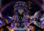  blonde_hair blue_hair flandre_scarlet hair_ornament hat hat_ribbon izayoi_sakuya knife maid maid_headdress masa_(miyabitei) red_eyes remilia_scarlet ribbon short_hair silver_hair touhou wings 