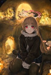  between_legs black_thighhighs blonde_hair blue_archive blush flippy_(cripine111) fur-trimmed_sleeves fur_trim halo hand_between_own_legs long_hair long_sleeves nodoka_(blue_archive) open_mouth red_eyes sitting smile thigh-highs wariza 