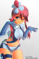  1girl artist_name ass_visible_through_thighs blue_eyes blue_gloves blue_jacket blue_shorts breasts commentary crop_top cropped_jacket gloves gloves_over_sleeves hair_ornament highres jacket large_breasts midriff navel one_eye_closed one_side_up pepealegria1 pokemon pokemon_black_and_white pouch red_hair short_hair_with_long_locks short_shorts shorts sidelocks skyla_(pokemon) smile solo swept_bangs thigh_pouch twitter_username under-elbow_gloves 