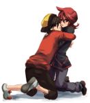  2boys black_eyes black_hair gold_(pokemon) hat hug kneeling long_hair pokemon red_eyes redhead silver_(pokemon) yaoi 