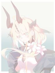  1girl absurdres ahoge arknights blonde_hair blue_eyes bodystocking border breasts commentary_request dragon_girl dragon_horns dress flower gradient_background green_background hair_flower hair_ornament highres horns jacket kujou_koto long_hair looking_at_viewer off_shoulder official_alternate_costume open_clothes open_jacket outside_border reed_(arknights) reed_the_flame_shadow_(arknights) simple_background small_breasts solo upper_body very_long_hair white_border white_dress white_flower 