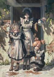  3girls absurdres apron black_dress black_hair black_shoes black_tea boots brown_boots brown_hair brown_shoes closed_eyes closed_mouth crack cracked_wall cup dress dress_shoes highres impasto lace-up_boots leaning_forward long_hair long_sleeves maid_apron maid_headdress multiple_girls neg_(101neg) original platform_shoes pouring raised_eyebrows shoes short_hair smile squatting standing tea teacup twintails very_long_hair white_apron 