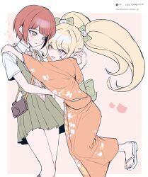  2girls absurdres back_bow blonde_hair blush blush_stickers bow camera cat_hair_ornament cat_symbol collared_shirt commentary cowboy_shot danganronpa_(series) danganronpa_2:_goodbye_despair dress dress_shirt flying_sweatdrops furisode gingham_clothes gingham_necktie green_bow green_dress green_eyes green_sash hair_bow hair_ornament hand_on_another's_head hand_on_another's_shoulder hand_up hand_wrapped_around_waist highres hug japanese_clothes kimono kn0309dg koizumi_mahiru leg_up long_hair looking_at_another looking_down looking_up multiple_girls multiple_hair_bows necktie obi open_mouth orange_eyes orange_kimono pinafore_dress red_background red_hair red_necktie request_inset saionji_hiyoko sandals sash shirt short_dress short_hair short_sleeves single_blush_sticker sleeveless sleeveless_dress sweatdrop teeth twintails untranslatable_commentary upper_teeth_only white_background white_necktie white_sandals white_shirt wide_sleeves 