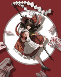  absurdres ascot border bow brown_eyes brown_hair closed_mouth commentary detached_sleeves frilled_bow frilled_hair_tubes frilled_skirt frills full_body gohei hair_bow hair_tubes hakurei_reimu high_heels highres holding holding_gohei long_hair looking_at_viewer lsw1023 mary_janes midriff ofuda outside_border red_background red_bow red_skirt ribbon-trimmed_sleeves ribbon_trim round_border shoes skirt skirt_set socks touhou white_socks yellow_ascot 