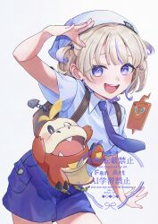  1girl :d absurdres alternate_costume arm_up backpack bag blonde_hair brown_bag collared_shirt commentary_request fuecoco hat highres hololive hololive_dev_is looking_at_viewer midair multicolored_hair necktie open_mouth piita pokemon pokemon_(creature) pokemon_scarlet_and_violet purple_hair purple_necktie purple_shorts rotom rotom_phone shirt short_hair short_sleeves shorts simple_background smile streaked_hair todoroki_hajime two_side_up violet_eyes virtual_youtuber watermark white_background white_hat white_shirt 