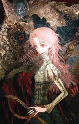  1girl armor bad_id bad_twitter_id barding blue_fur corset earrings frilled_sleeves frills hand_on_sheath high_collar highres jewelry juliet_sleeves long_hair long_sleeves mon_(monmon2133) monster original ornate_armor ornate_clothes patterned_clothing pink_eyes pink_hair puffy_sleeves ring sharp_teeth solo sword teeth weapon 