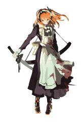  1girl adachi_rei android apron blood blood_on_clothes blood_on_face commentary dress full_body headset highres holding holding_sword holding_weapon long_dress maid maid_apron maid_headdress mao206327 one_side_up orange_hair radio_antenna ribbon sword untranslatable_commentary utau weapon white_ribbon 