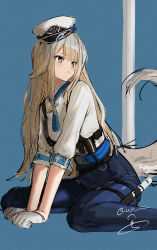  1girl animal_ears blonde_hair blue_background blue_pantyhose blue_shorts chest_harness commentary dog_ears dog_girl dog_tail gloves green_eyes grey_hair grey_tail hair_flaps hands_on_floor harness hat highres holster isshiki_(ffmania7) long_hair looking_to_the_side multicolored_hair nijisanji pantyhose police_hat shioriha_ruri shioriha_ruri_(1st_costume) shirt short_sleeves shorts signature sitting solo tail tassel thigh_holster untranslatable_commentary virtual_youtuber wariza white_gloves white_hat white_shirt 