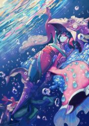  1girl absurdres air_bubble ariemon bare_shoulders black_sclera blue_hair blue_skin bubble colored_sclera colored_skin commentary coral digimon digimon_(creature) english_commentary full_body gem highres japanese_clothes kimono long_sleeves looking_up nimadj ocean oversized_hat pearl pink_kimono solo underwater webbed_hands wide_sleeves 