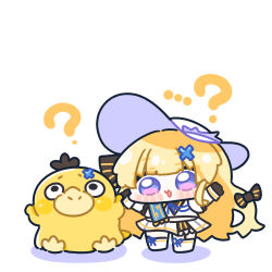  1girl ? arms_up black_bow black_gloves blonde_hair blue_eyes bow chibi chibi_only commentary_request dress gloves hair_bow hair_ornament hat highres long_hair open_mouth phoebe_(wuthering_waves) pokemon pokemon_(creature) psyduck simple_background skirt smile standing striped_bow sun_hat syurikenmaru very_long_hair violet_eyes white_background white_dress white_hat wuthering_waves x_hair_ornament 