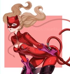  1girl absurdres blonde_hair bodysuit cat_mask catsuit highres holding holding_whip mask nearreya pantyhose persona persona_5 persona_5_the_royal red_bodysuit red_pantyhose simple_background smile solo takamaki_ann twintails whip zipper 