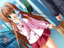  1boy 1girl arm_at_side bag black_coat brown_hair buttons clover_point coat day dutch_angle fur-trimmed_coat fur_trim game_asset green_eyes hair_intakes hair_ribbon hand_on_own_chin hand_up holding holding_bag inamori_mahoshi long_hair looking_down miniskirt non-web_source open_mouth outdoors pink_coat rabbit red_skirt ribbon self-datamine shopping_bag shopping_district skirt sky standing sweatdrop sweater tress_ribbon white_ribbon wide-eyed yuyi 