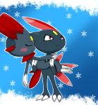  blush carrying couple no_humans pokemon pokemon_(creature) sneasel snowflakes weavile 