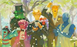  2girls 2others 3boys absurdres animal_ears aqua_(deltarune) aqua_kimono aqua_skin black_bow black_bowtie black_hair black_pants black_shirt blonde_hair blue_(deltarune) blue_skin bow bowtie clapping colored_skin commentary crying crying_with_eyes_open deltarune dress dress_shirt english_commentary falling_petals fang flowery_(deltarune) glasses green_(deltarune) green_hair green_skin hat highres jacket japanese_clothes kimono mouse_(animal) mouse_ears mouse_girl mouse_tail multiple_boys multiple_girls multiple_others orange_(deltarune) pants peachducy petals purple_hair purple_skin seth_(deltarune) shirt suit_jacket tail teardrop tears top_hat tuxedo utdr_(toby_fox) white_dress white_hat white_shirt yellow_(deltarune) yellow_skin 